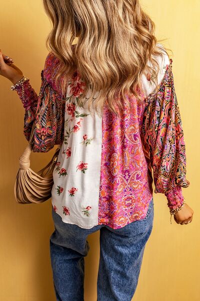 Plus Size Frill Printed V-Neck Long Sleeve Blouse