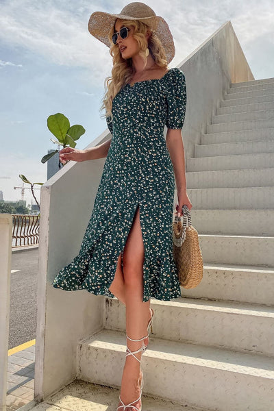 Floral Square Neck Slit Dress