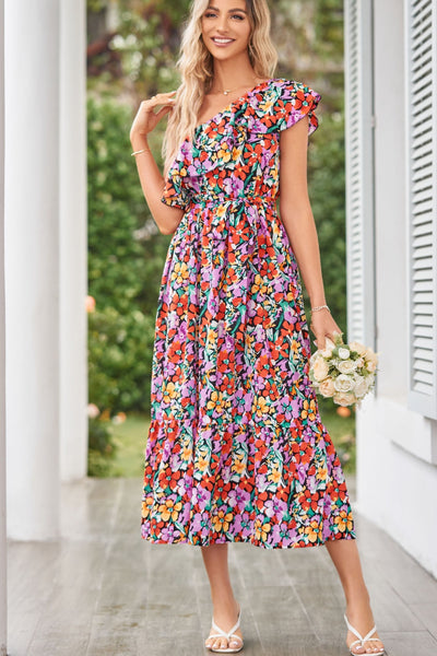 Ruffled Floral One Shoulder Dress