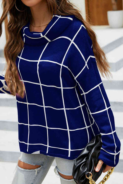 Plaid Turtleneck Drop Shoulder Sweater