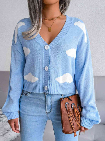 Cloud Print Button Down Ribbed Trim Cardigan